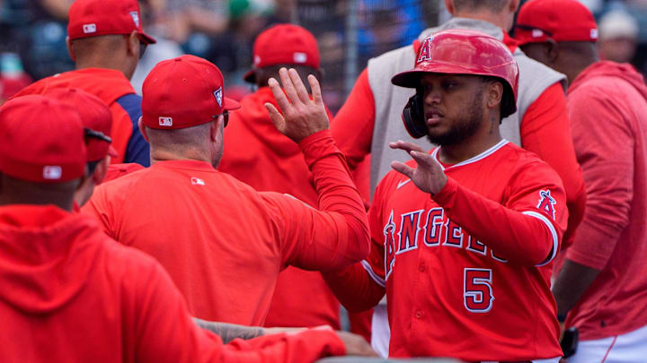 Mar 16, 2024; Tempe, Arizona, USA; Los Angeles Angels outfielder Willie Calhoun (5) celebrates after