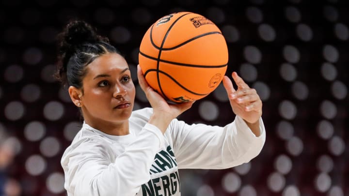 Michigan State guard Moira Joiner (22) warms up before the NCAA tournament first round against North Carolina at Colonial Life Arena in Columbia, S.C. on Friday, March 22, 2024.