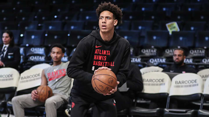 Mar 2, 2024; Brooklyn, New York, USA; Atlanta Hawks forward Jalen Johnson (1) warms up prior to the game against the Brooklyn Nets at Barclays Center. Mandatory Credit: Wendell Cruz-Imagn Images