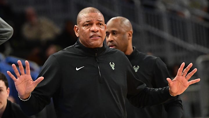 Jan 14, 2025; Milwaukee, Wisconsin, USA; Milwaukee Bucks head coach Doc Rivers reacts in the second quarter against the Sacramento Kings at Fiserv Forum. Mandatory Credit: Benny Sieu-Imagn Images