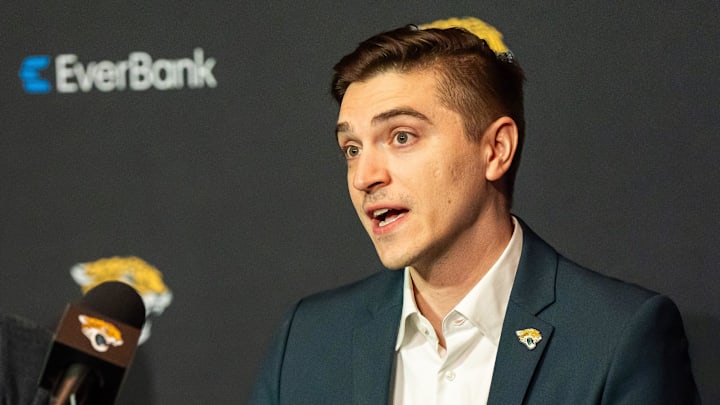 Jacksonville Jaguars General Manager James Gladstone explained what he was bringing to the table during a press conference Monday morning February 24, 2025 at the Miller Electric Center in Jacksonville, Fla. [Doug Engle/Florida Times-Union]2025