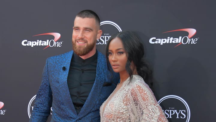 Jul 18, 2018; Los Angeles, CA, USA; Kansas City Chiefs tight end Travis Kelce and Kayla Nicole arrive for the 2018 ESPYS at Microsoft Theatre. Mandatory Credit: Kirby Lee-Imagn Images