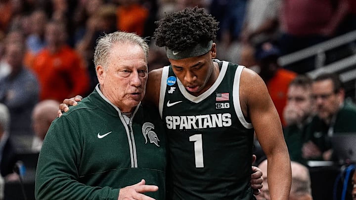 Michigan State head coach Tom Izzo talks to guard Jeremy Fears Jr. (1) after a play against Auburn during the second half of the Elite Eight round of NCAA tournament at State Farm Arena in Atlanta, Ga. on Sunday, March 30, 2025. Michigan State head coach Tom Izzo talks to guard Jeremy Fears Jr. (1) after a play against Auburn during the second half of the Elite Eight round of NCAA tournament at State Farm Arena in Atlanta, Ga. on Sunday, March 30, 2025.