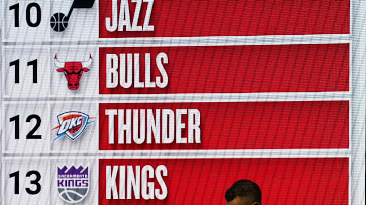 May 12, 2024; Chicago, IL, USA; Atlanta Hawks general manager Landry Fields after the Hawks get the number one pick in the 2024 NBA Draft Lottery at McCormick Place West. Mandatory Credit: David Banks-Imagn Images