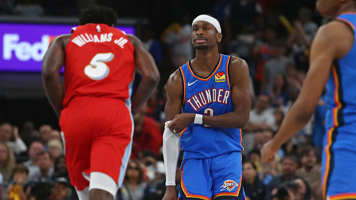 Apr 26, 2025; Memphis, Tennessee, USA; Oklahoma City Thunder guard Shai Gilgeous-Alexander (2) reacts during the fourth quarter against the Memphis Grizzlies during game four for the first round of the 2024 NBA Playoffs at FedExForum. Mandatory Credit: Petre Thomas-Imagn Images