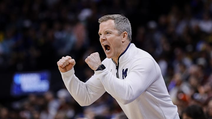 March 20, 2025; Denver, CO, USA; Michigan Wolverines head coach Dusty May reacts during the first half against the UC San Diego Tritons at Ball Arena. Mandatory Credit: Isaiah J. Downing-Imagn Images