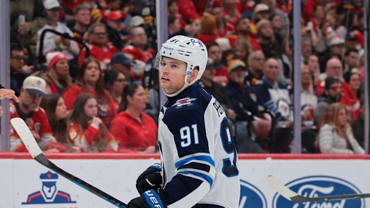 Cole Perfetti (91) celebrates after scoring against the Florida Panthers during the third period at Amerant Bank Arena. 