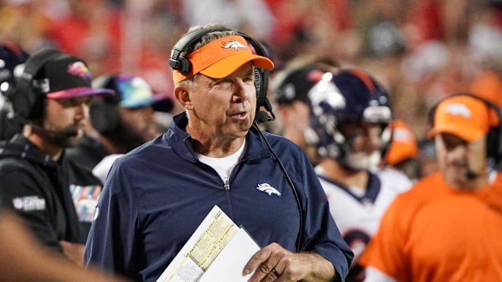 Oct 12, 2023; Kansas City, Missouri, USA; Denver Broncos head coach Sean Payton watches play against