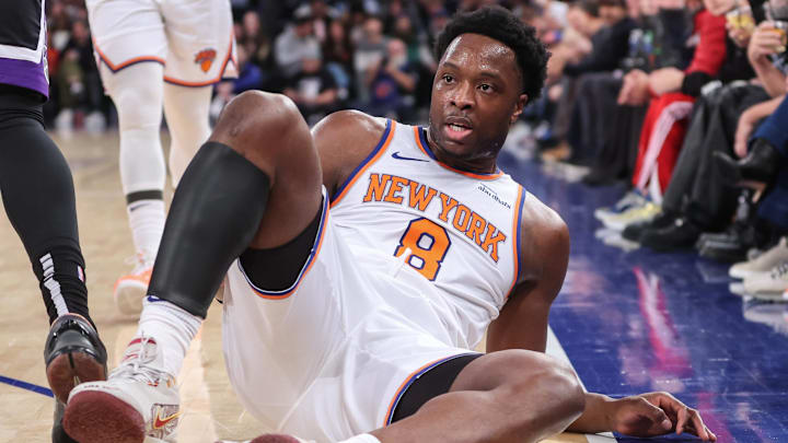 Jan 25, 2025; New York, New York, USA; New York Knicks forward OG Anunoby (8) reacts after being fouled in the second quarter against the Sacramento Kings at Madison Square Garden. Mandatory Credit: Wendell Cruz-Imagn Images Jan 25, 2025; New York, New York, USA; New York Knicks forward OG Anunoby (8) reacts after being fouled in the second quarter against the Sacramento Kings at Madison Square Garden. Mandatory Credit: Wendell Cruz-Imagn Images