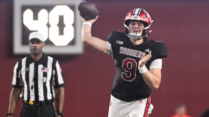 Indiana Hoosiers quarterback Kurtis Rourke (9) throws a pass during the Indiana football spring game at Memorial Stadium on Thursday, April 18, 2024. Indiana Hoosiers quarterback Kurtis Rourke (9) throws a pass during the Indiana football spring game at Memorial Stadium on Thursday, April 18, 2024.