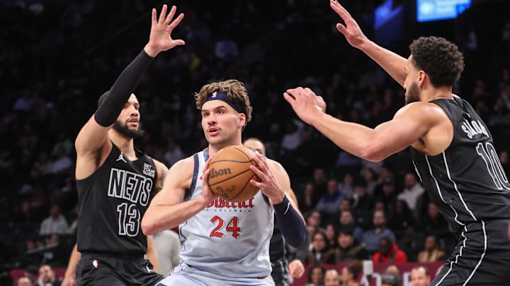 Feb 5, 2025; Brooklyn, New York, USA; Washington Wizards forward Corey Kispert (24) is double-teamed by Brooklyn Nets guards Tyrese Martin (13) and guard Ben Simmons (10) in the first quarter at Barclays Center. Mandatory Credit: Wendell Cruz-Imagn Images Feb 5, 2025; Brooklyn, New York, USA; Washington Wizards forward Corey Kispert (24) is double-teamed by Brooklyn Nets guards Tyrese Martin (13) and guard Ben Simmons (10) in the first quarter at Barclays Center. Mandatory Credit: Wendell Cruz-Imagn Images