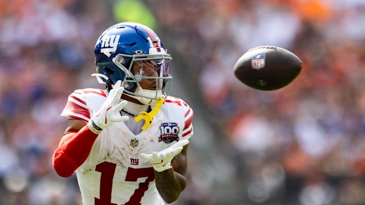 Sep 22, 2024; Cleveland, Ohio, USA; New York Giants wide receiver Wan'Dale Robinson (17) catches a pass during the third quarter against the Cleveland Browns at Huntington Bank Field. Mandatory Credit: Scott Galvin-Imagn Images