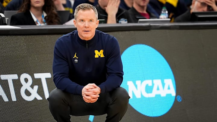 Michigan coach Dusty May during a NCAA Tournament Elite 8 game between Tennessee and Michigan at the United Center in Chicago on March 29, 2026.