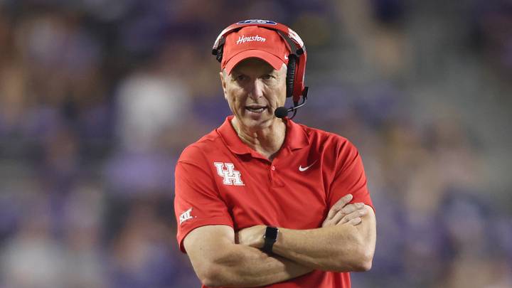Oct 4, 2024; Fort Worth, Texas, USA; Houston Cougars head coach Willie Fritz walks on the field during a timeout in the game against the TCU Horned Frogs at Amon G. Carter Stadium. Mandatory Credit: Tim Heitman-Imagn Images Oct 4, 2024; Fort Worth, Texas, USA; Houston Cougars head coach Willie Fritz walks on the field during a timeout in the game against the TCU Horned Frogs at Amon G. Carter Stadium. Mandatory Credit: Tim Heitman-Imagn Images
