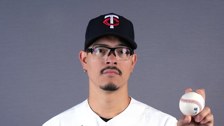 Feb 19, 2026; Lee County, FL, USA;  Minnesota Twins left-handed pitcher Anthony Banda (43) poses for a portrait during photo day at Hammond Stadium. Mandatory Credit: Jim Rassol-Imagn Images

