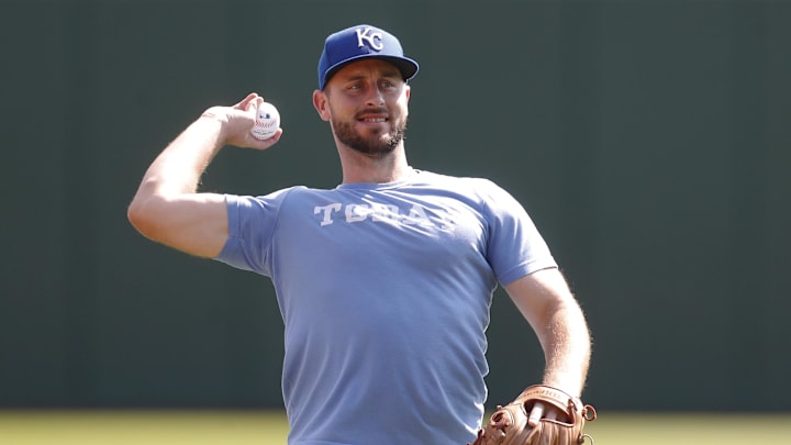Sep 14, 2024; Pittsburgh, Pennsylvania, USA; Kansas City Royals infielder Paul DeJong (15) warms up before a game against the Pittsburgh Pirates at PNC Park. Mandatory Credit: Charles LeClaire-Imagn Images