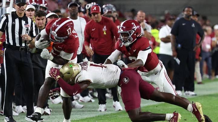 Sep 19, 2026; Tuscaloosa, Alabama, USA;  Florida State Seminoles defensive back CJ Richard Jr. (11) tackles Alabama Crimson Tide running back Trae'shawn Brown (17) during the second half at Saban Field at Bryant-Denny Stadium.  Mandatory Credit: David Leong-Imagn Images