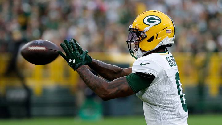 Green Bay Packers wide receiver Matthew Golden 90) catches a pass during Green Bay Packers Family Night on Aug. 7, 2026, at Lambeau Field in Green Bay, Wis.