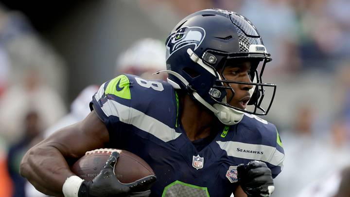 Sep 9, 2026; Seattle, Washington, USA;  Seattle Seahawks running back Jadarian Price (8) runs during the second quarter against the New England Patriots at Lumen Field.  Mandatory Credit: Joe Nicholson-Imagn Images
