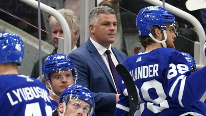 Mar 4, 2024; Toronto, Ontario, CAN; Toronto Maple Leafs head coach Sheldon Keefe looks on during a