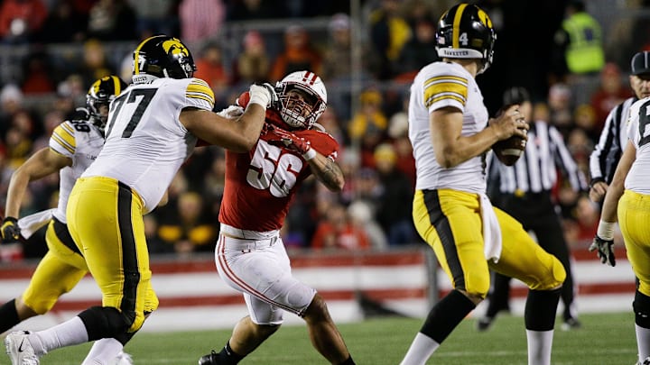 Badgers linebacker Zach Baun tries to get past Iowa offensive tackle Alaric Jackson on his way to quarterback Nate Stanley.

Mjs Usat Wisconsin Vs Iowa 110919 2127 Ttm