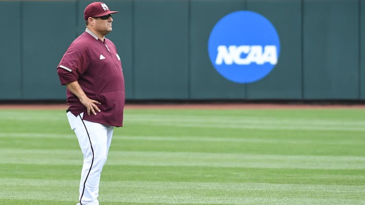 Jun 14, 2019; Omaha, NE, USA; Mississippi State Bulldogs head coach Chris Lemonis watches his team during practice day before the start of the College World Series at TD Ameritrade Park Omaha. Mandatory Credit: Steven Branscombe-Imagn Images