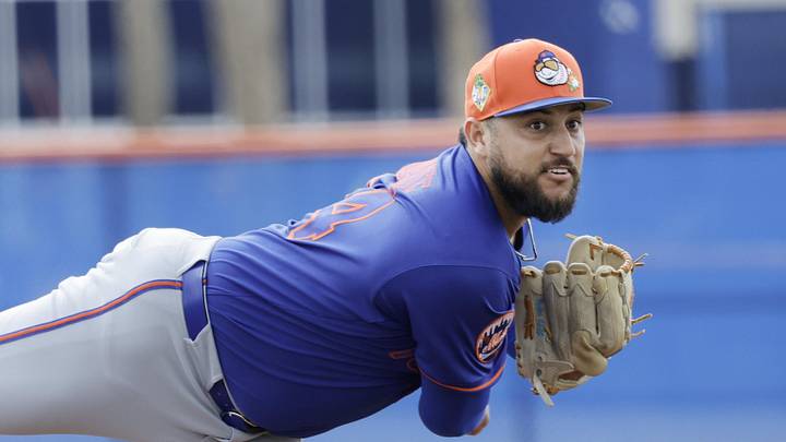Feb 18, 2026; Port St. Lucie, FL, USA;  New York Mets pitcher Daniel Duarte (54) throws a pitch during spring training workouts at Clover Park. Mandatory Credit: Reinhold Matay-Imagn Images