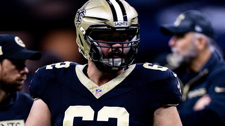 Sep 8, 2024; New Orleans, Louisiana, USA;  New Orleans Saints guard Lucas Patrick (62) against the Carolina Panthersduring the pregame at Caesars Superdome. Mandatory Credit: Stephen Lew-Imagn Images