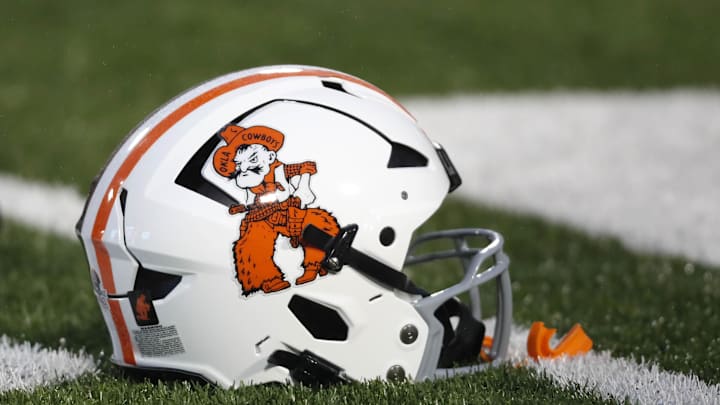 Oct 28, 2023; Stillwater, Oklahoma, USA; An Oklahoma State helmet is seen before a game between the Oklahoma State Cowboys and the Cincinnati Bearcats at Boone Pickens Stadium. Mandatory Credit: Bryan Terry-Imagn Images