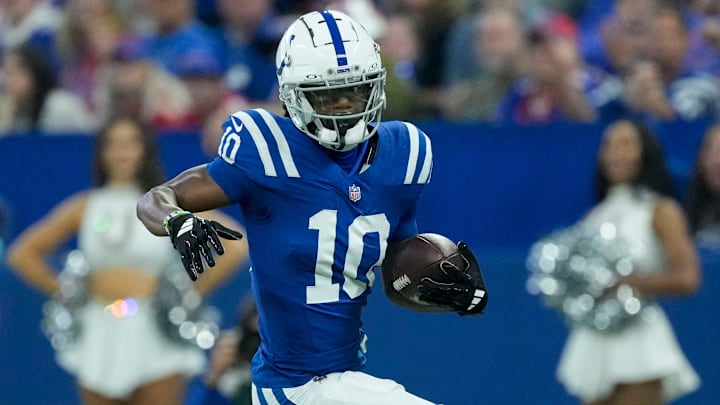 Indianapolis Colts wide receiver Adonai Mitchell (10) rushes the ball Sunday, Nov. 10, 2024, during a game against the Buffalo Bills at Lucas Oil Stadium in Indianapolis.