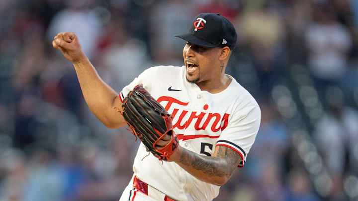 May 10, 2025; Minneapolis, Minnesota, USA; Minnesota Twins pitcher Jhoan Duran (59) celebrates after striking out San Francisco Giants shortstop Willy Adames (2) to end the game in the top of the ninth inning at Target Field. Mandatory Credit: Matt Blewett-Imagn Images
