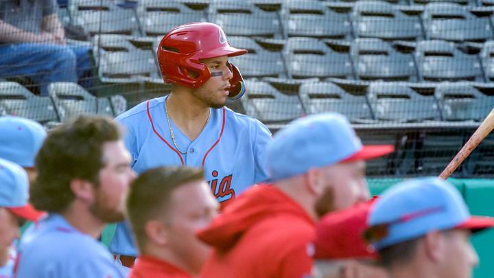 Peoria Chiefs' Joshua Baez watches the Michigan Whitecaps pitcher from the on-deck circle during a game Wednesday, May 15, 2024 at Dozer Park in Peoria. Peoria Chiefs' Joshua Baez watches the Michigan Whitecaps pitcher from the on-deck circle during a game Wednesday, May 15, 2024 at Dozer Park in Peoria.