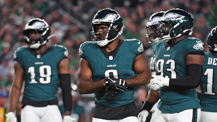 Sep 16, 2024; Philadelphia, Pennsylvania, USA; Philadelphia Eagles defensive end Bryce Huff (0) against the Atlanta Falcons at Lincoln Financial Field. Mandatory Credit: Eric Hartline-Imagn Images