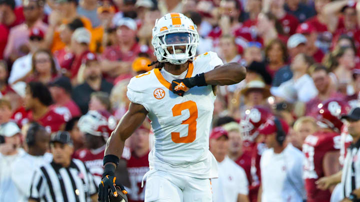 Sep 21, 2024; Norman, Oklahoma, USA;  Tennessee Volunteers defensive back Jermod McCoy (3) reacts after making an interception during the first quarter against the Oklahoma Sooners at Gaylord Family-Oklahoma Memorial Stadium. Mandatory Credit: Kevin Jairaj-Imagn Images