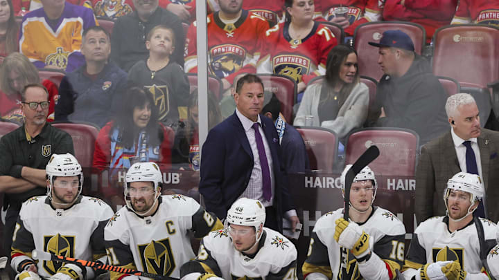 Dec 23, 2023; Sunrise, Florida, USA; Florida Panthers head coach Bruce Cassidy looks on against the Florida Panthers during the third period at Amerant Bank Arena. Mandatory Credit: Sam Navarro-Imagn Images