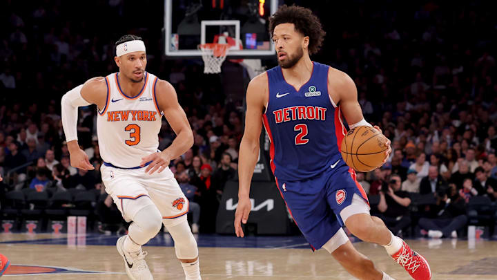 Jan 13, 2025; New York, New York, USA; Detroit Pistons guard Cade Cunningham (2) drives to the basket against New York Knicks guard Josh Hart (3) during the third quarter at Madison Square Garden. Mandatory Credit: Brad Penner-Imagn Images