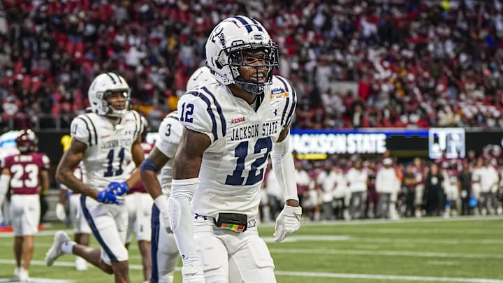 Jackson State Tigers wide receiver Travis Hunter reacts after catching a touchdown against the 2022 Celebration Bowl.