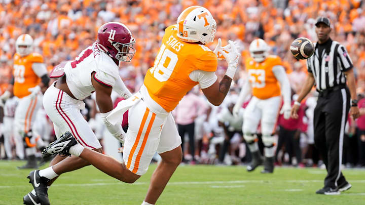 Tennessee tight end Holden Staes (19) can't bring in the catch in the end zone during an SEC conference game between Tennessee and Alabama in Neyland Stadium on Saturday, Oct. 19, 2024.
