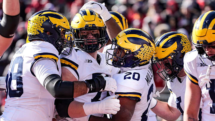 Michigan running back Kalel Mullings (20) celebrates a touchdown against Ohio State during the first half at Ohio Stadium in Columbus, Ohio on Saturday, Nov. 30, 2024.