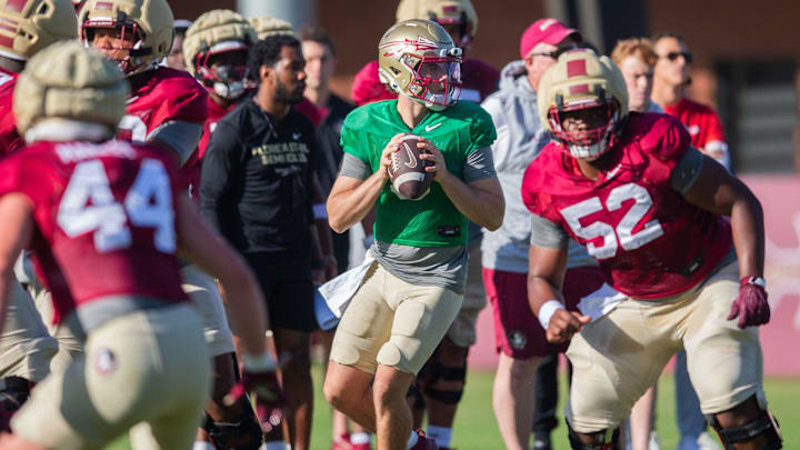 Florida State Seminoles quarterback Kevin Sperry (9) runs a play during practice Thursday, April 9, 2026. Florida State Seminoles quarterback Kevin Sperry (9) runs a play during practice Thursday, April 9, 2026.