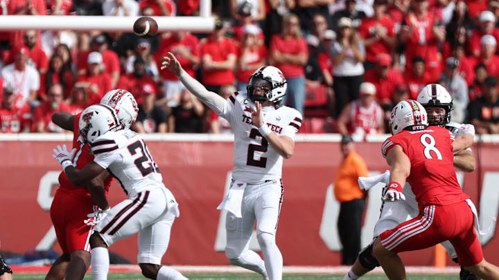 Sep 20, 2025; Salt Lake City, Utah, USA; Texas Tech Red Raiders quarterback Behren Morton (2) passes the ball against the Utah Utes during the first quarter at Rice-Eccles Stadium. Mandatory Credit: Rob Gray-Imagn Images