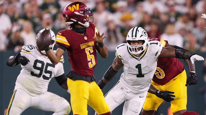 Green Bay Packers defensive end Micah Parsons (1) rushes Washington Commanders quarterback Jayden Daniels (5) on Thursday, September 11, 2025, at Lambeau Field in Green Bay, Wis. The Packers won the game, 27-18.
Tork Mason/USA TODAY NETWORK-Wisconsin