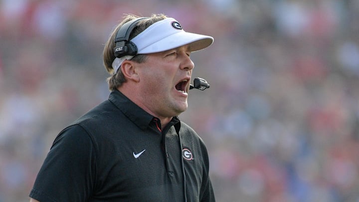Jan 1, 2018; Pasadena, CA, USA;Georgia Bulldogs head coach Kirby Smart yells out during a game against the Oklahoma Sooners in the 2018 Rose Bowl college football playoff semifinal game at Rose Bowl Stadium. Mandatory Credit: Kirby Lee-Imagn Images