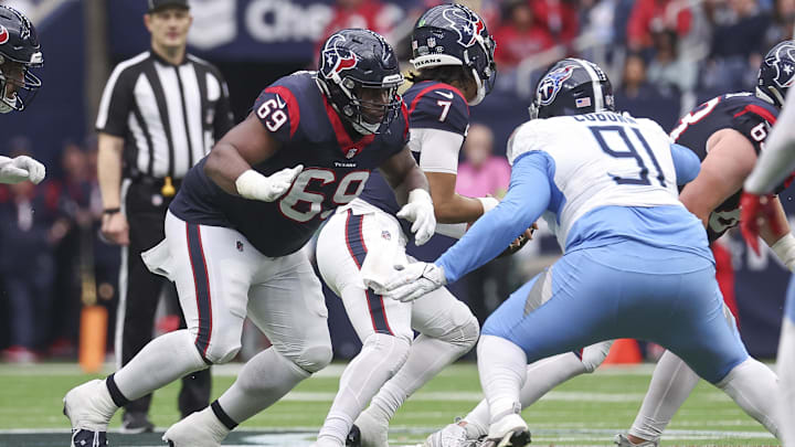 Dec 31, 2023; Houston, Texas, USA; Houston Texans guard Shaq Mason (69) in action during the game against the Tennessee Titans at NRG Stadium.  