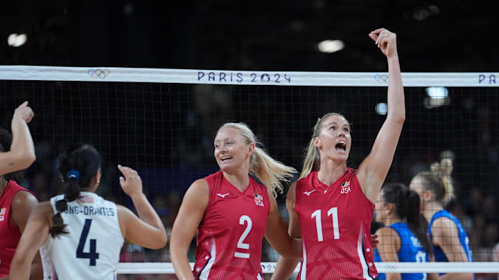Aug 11, 2024; Paris, France; United States setter Jordyn Poulter (2) and United States opposite Andrea Drews (11) celebrate against Italy in the women's volleyball gold medal match during the Paris 2024 Olympic Summer Games at South Paris Arena. Mandatory Credit: Amber Searls-Imagn Images Aug 11, 2024; Paris, France; United States setter Jordyn Poulter (2) and United States opposite Andrea Drews (11) celebrate against Italy in the women's volleyball gold medal match during the Paris 2024 Olympic Summer Games at South Paris Arena. Mandatory Credit: Amber Searls-Imagn Images