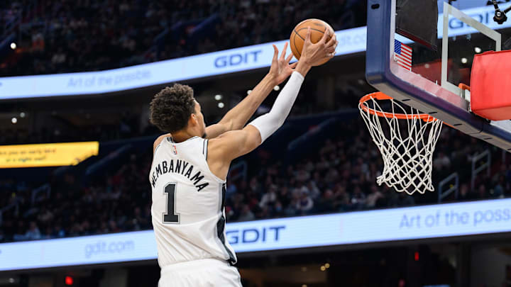 Feb 10, 2025; Washington, District of Columbia, USA; San Antonio Spurs center Victor Wembanyama (1) dunks the ball during the third quarter against the Washington Wizards at Capital One Arena.