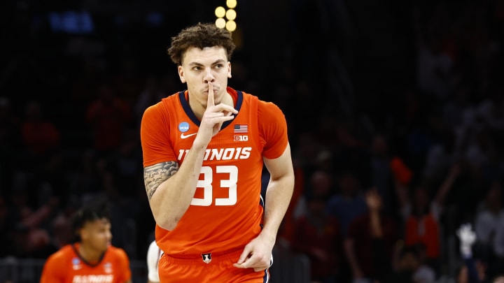 Mar 28, 2024; Boston, MA, USA; Illinois Fighting Illini forward Coleman Hawkins (33) reacts against the Iowa State Cyclones in the semifinals of the East Regional of the 2024 NCAA Tournament at TD Garden. Mandatory Credit: Winslow Townson-USA TODAY Sports