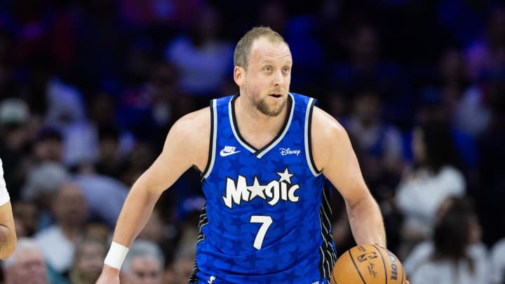 Apr 12, 2024; Philadelphia, Pennsylvania, USA; Orlando Magic guard Joe Ingles (7) dribbles the ball against the Philadelphia 76ers during the second quarter at Wells Fargo Center.