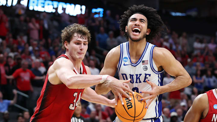 Mar 31, 2024; Dallas, TX, USA; Duke basketball guard Jared McCain (0) loses control of the ball