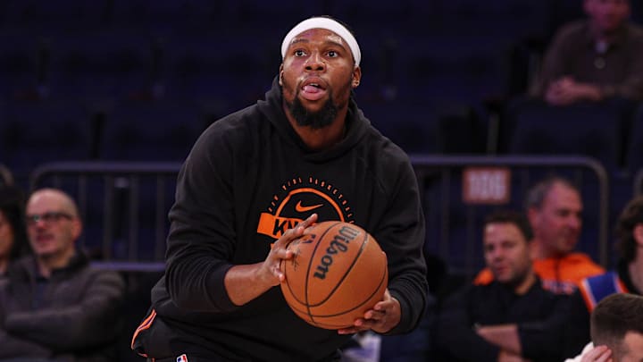 Jan 7, 2026; New York, New York, USA;  New York Knicks forward Guerschon Yabusele (28) warms up before the game against the LA Clippers at Madison Square Garden. Mandatory Credit: Vincent Carchietta-Imagn Images